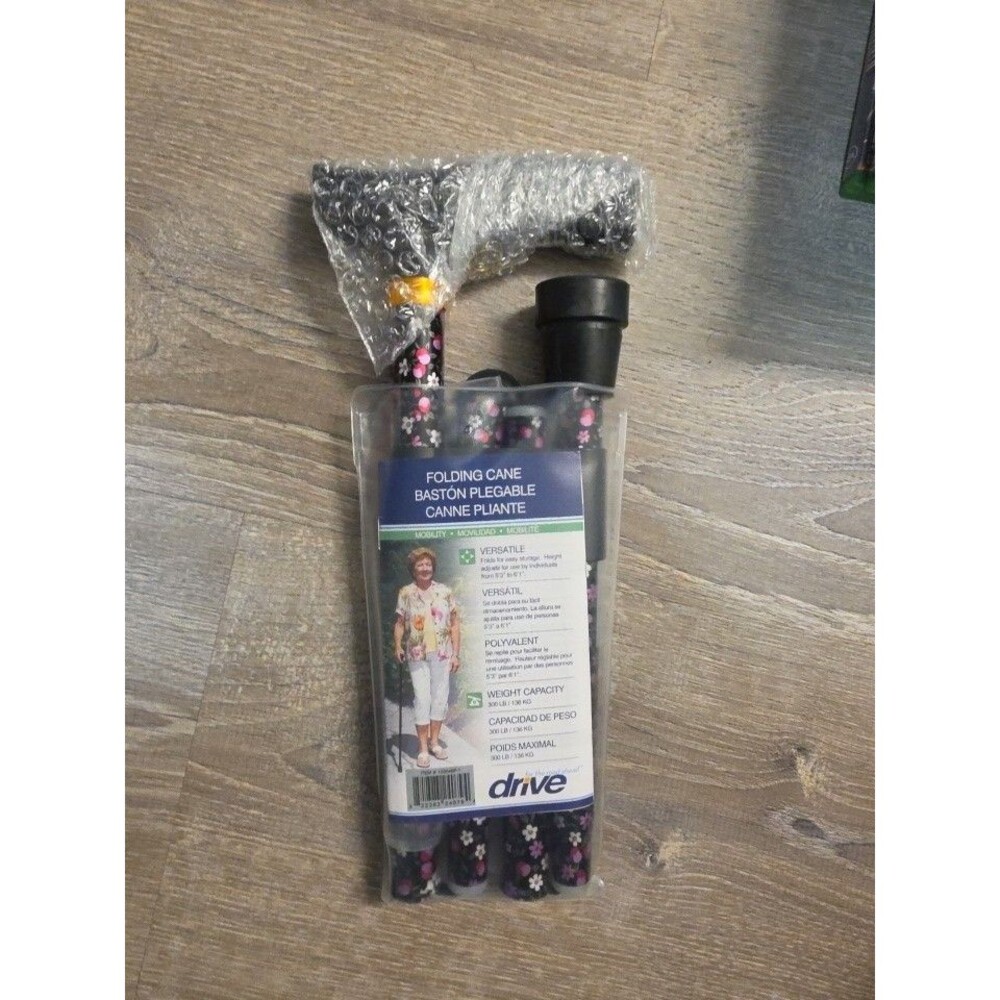 Cane - Adjustable Folding cane by Drive Medical - Black Pink Floral